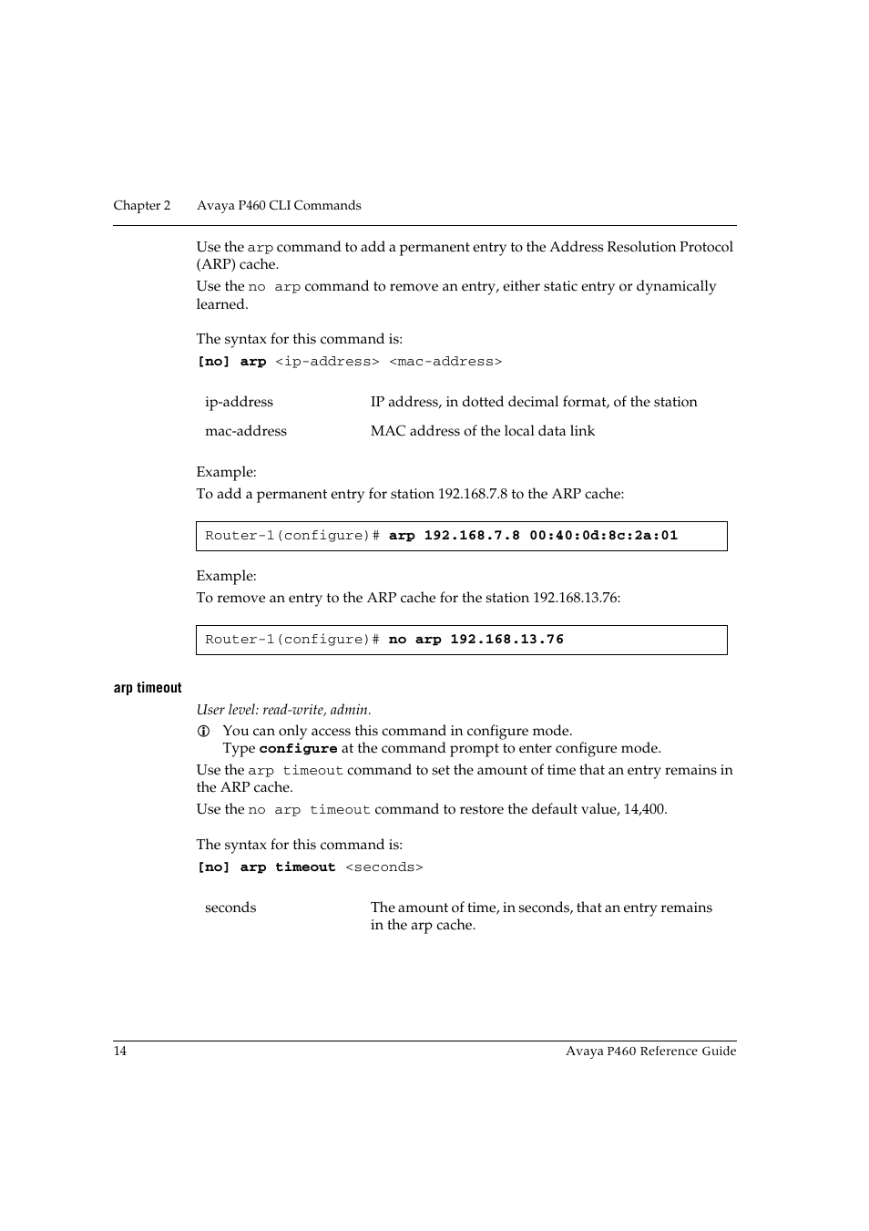 Arp timeout | Avaya P460 User Manual | Page 24 / 224