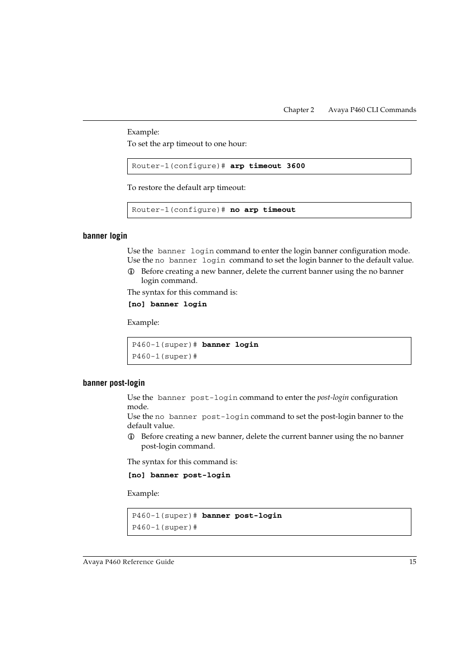 Banner login, Banner post-login, Banner login banner post-login | Avaya P460 User Manual | Page 25 / 224