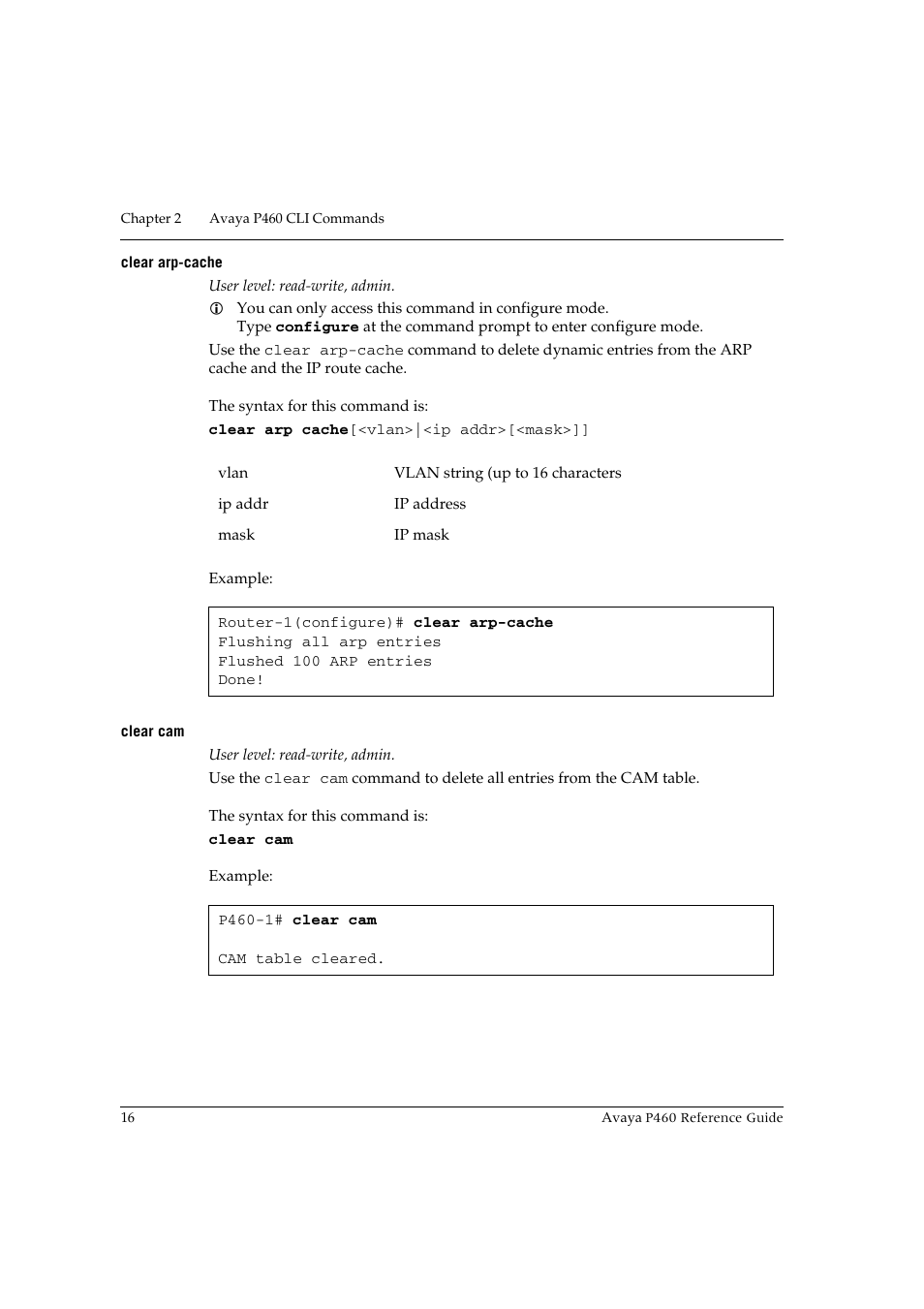 Clear arp-cache, Clear cam, Clear arp-cache clear cam | Avaya P460 User Manual | Page 26 / 224