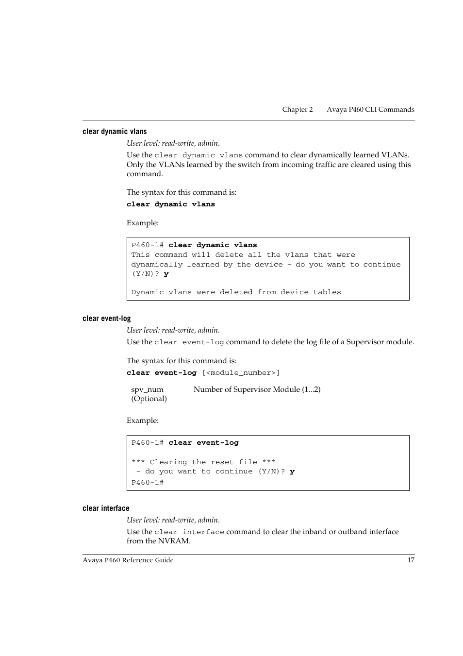 Clear dynamic vlans, Clear event-log, Clear interface | Avaya P460 User Manual | Page 27 / 224