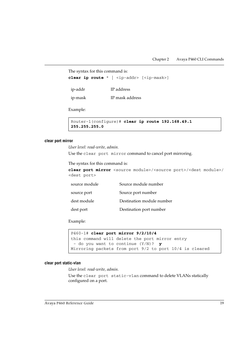 Clear port mirror, Clear port staticvlan, Clear port static-vlan | Avaya P460 User Manual | Page 29 / 224