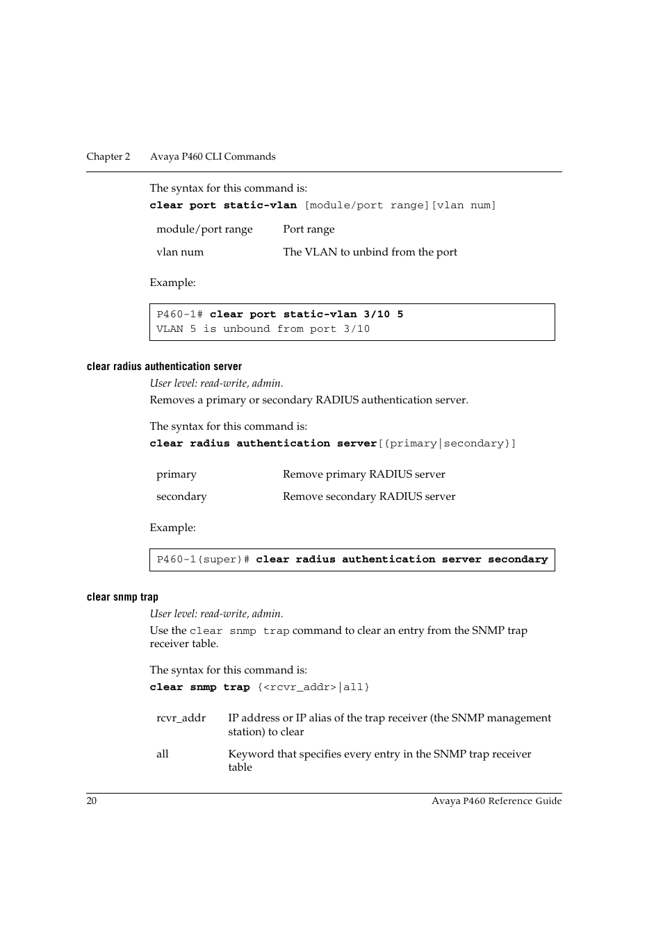 Clear radius authentication server, Clear snmp trap, Clear radius authentication server clear snmp trap | Avaya P460 User Manual | Page 30 / 224