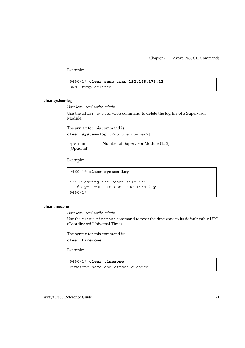 Clear system-log, Clear timezone, Clear system-log clear timezone | Avaya P460 User Manual | Page 31 / 224