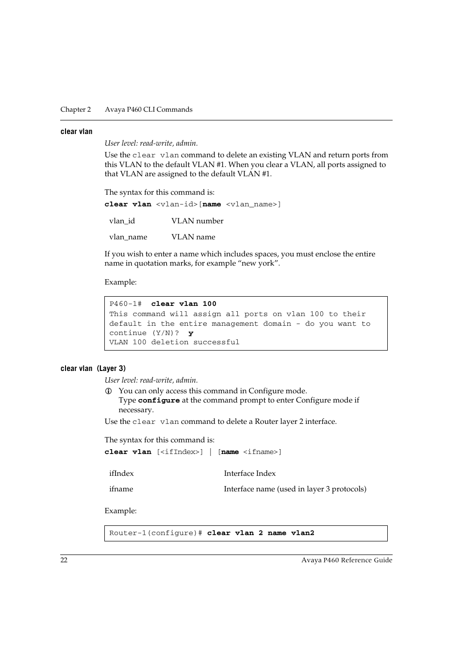 Clear vlan, Clear vlan (layer 3), Clear vlan clear vlan (layer 3) | Avaya P460 User Manual | Page 32 / 224