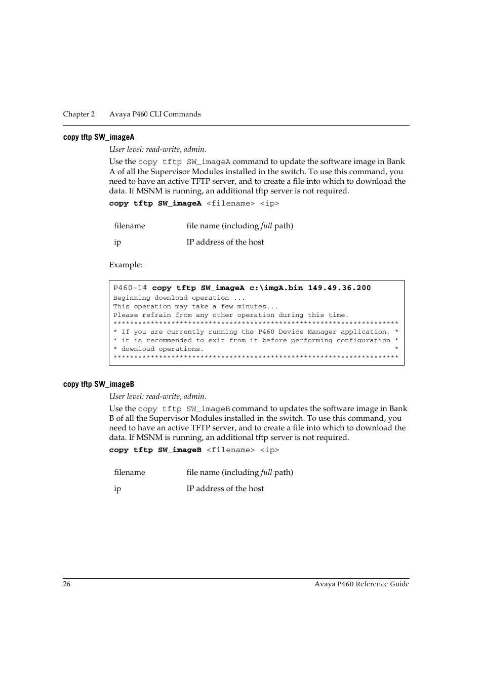 Copy tftp sw_imagea, Copy tftp sw_imageb, Copy tftp sw_imagea copy tftp sw_imageb | Avaya P460 User Manual | Page 36 / 224