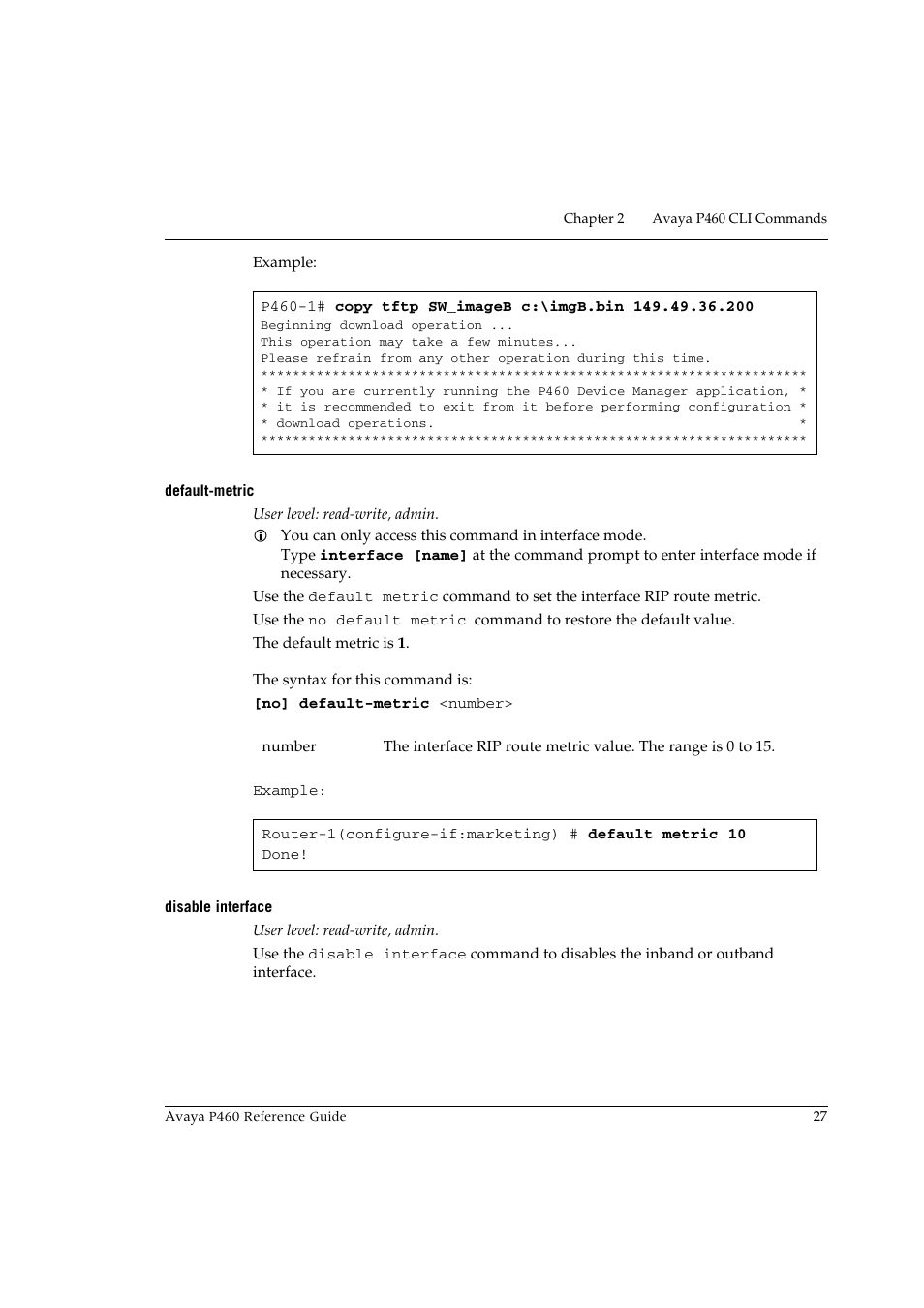 Default-metric, Disable interface, Default-metric disable interface | Avaya P460 User Manual | Page 37 / 224