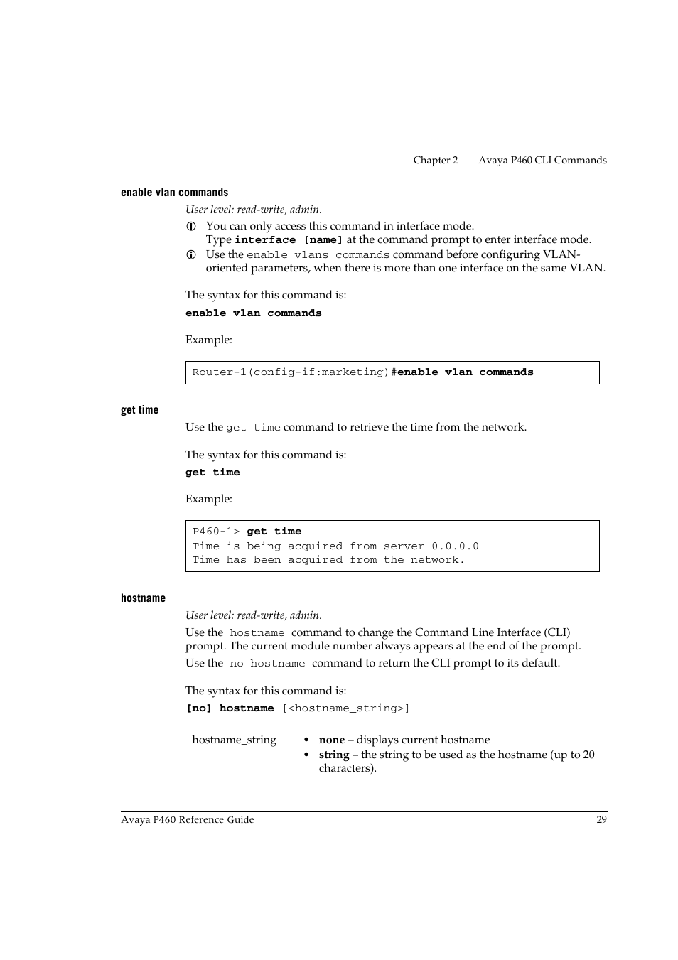 Enable vlan commands, Get time, Hostname | Enable vlan commands get time hostname | Avaya P460 User Manual | Page 39 / 224