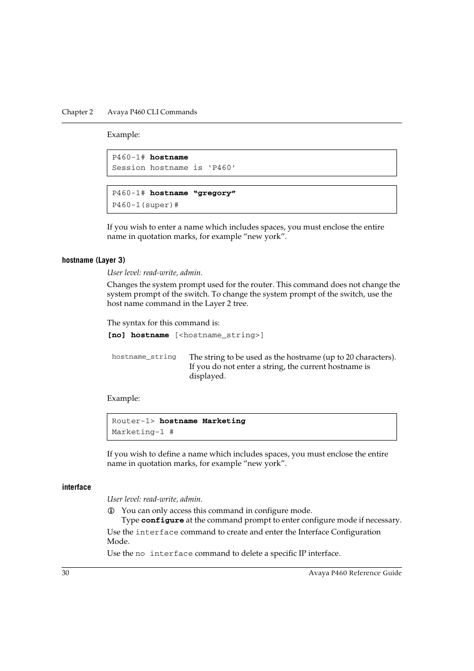 Hostname (layer 3), Interface, Hostname (layer 3) interface | Avaya P460 User Manual | Page 40 / 224