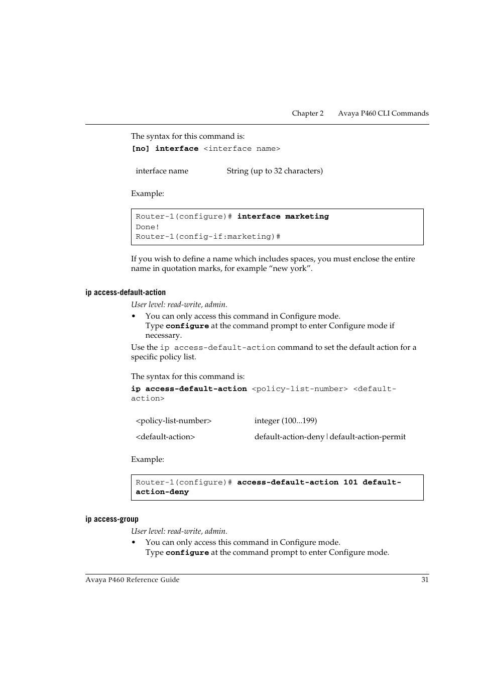 Ip access-default-action, Ip access-group, Ip access-default-action ip access-group | Avaya P460 User Manual | Page 41 / 224