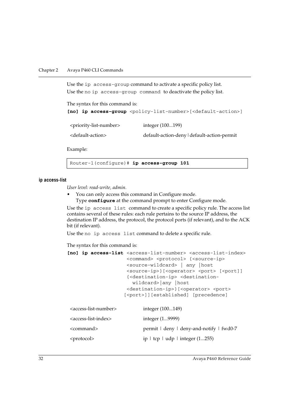 Ip access-list | Avaya P460 User Manual | Page 42 / 224