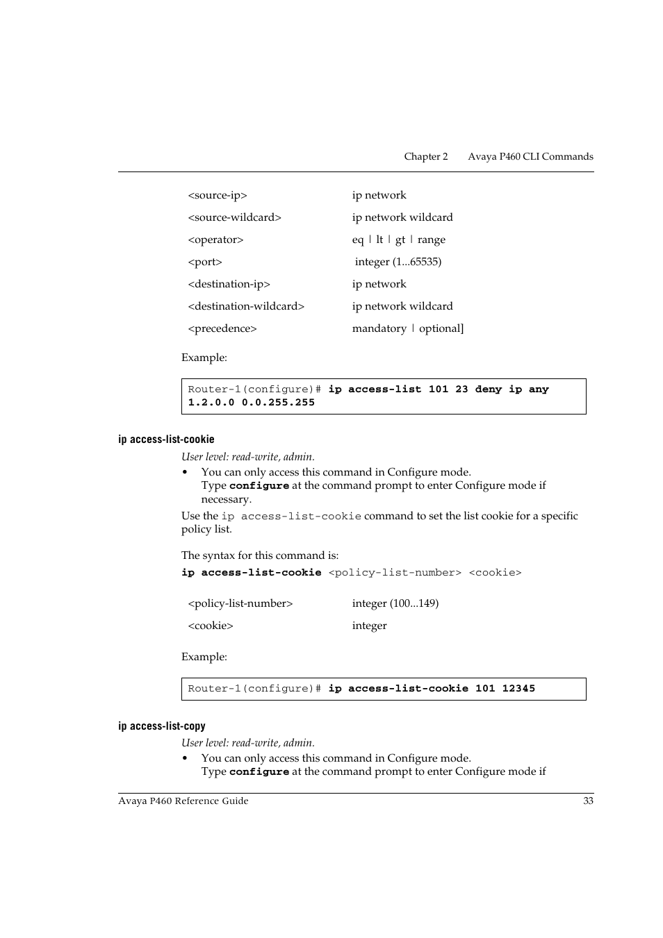 Ip access-list-cookie, Ip access-list-copy, Ip access-list-cookie ip access-list-copy | Avaya P460 User Manual | Page 43 / 224