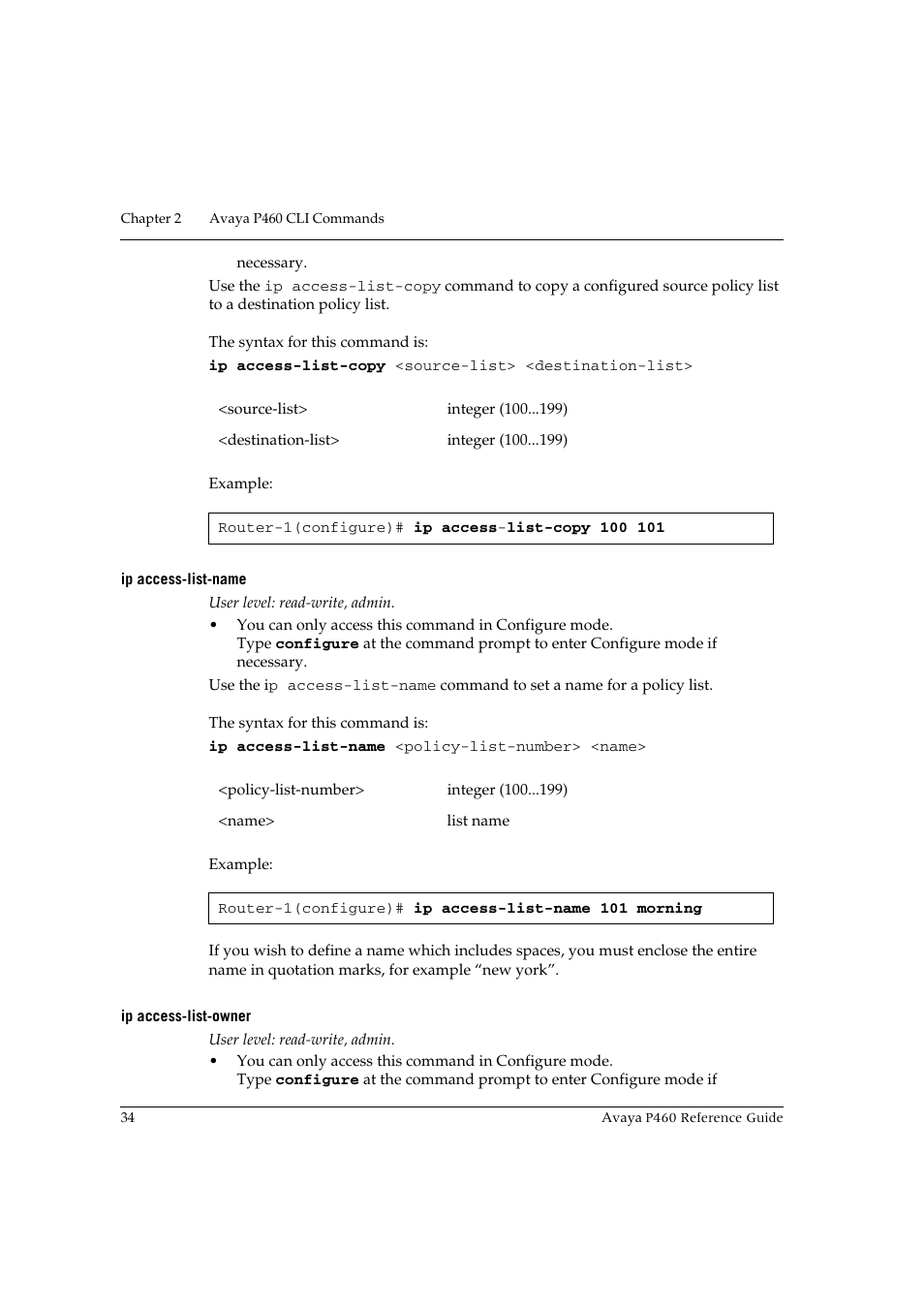 Ip access-list-name, Ip access-list-owner, Ip access-list-name ip access-list-owner | Avaya P460 User Manual | Page 44 / 224