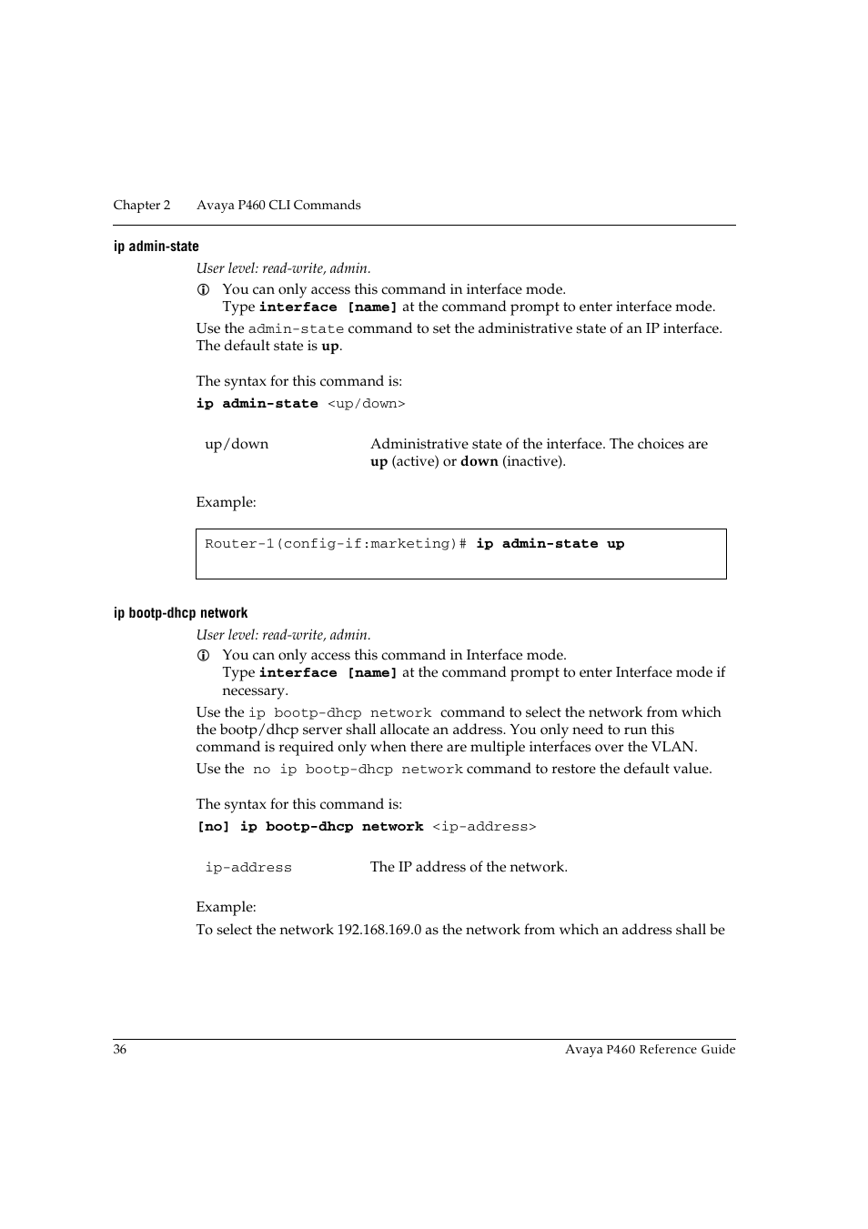 Ip admin-state, Ip bootp-dhcp network, Ip admin-state ip bootp-dhcp network | Avaya P460 User Manual | Page 46 / 224