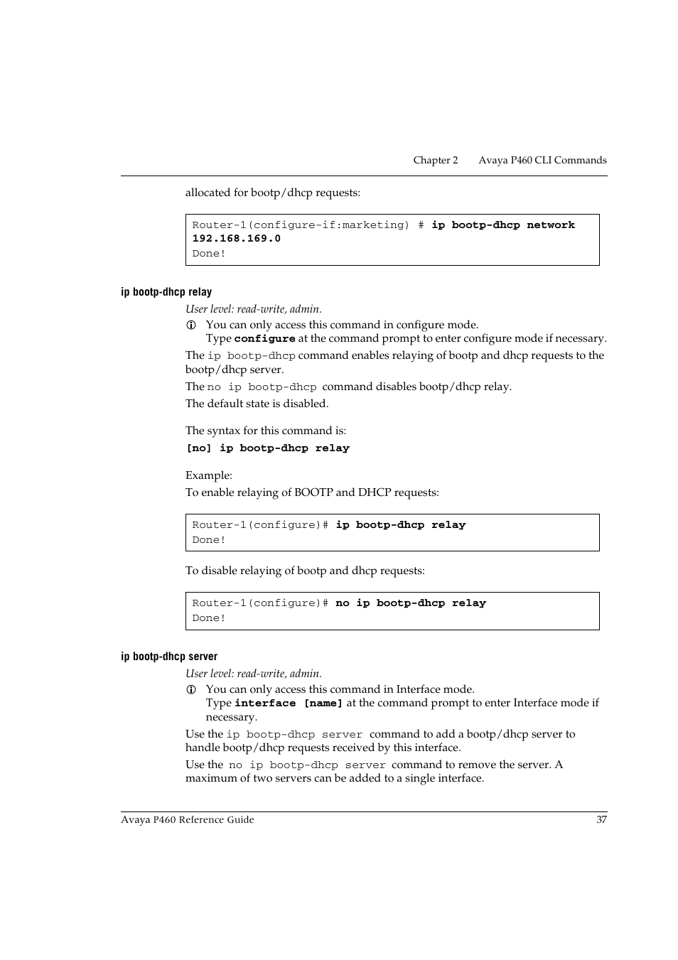 Ip bootp-dhcp relay, Ip bootp-dhcp server, Ip bootp-dhcp relay ip bootp-dhcp server | Avaya P460 User Manual | Page 47 / 224