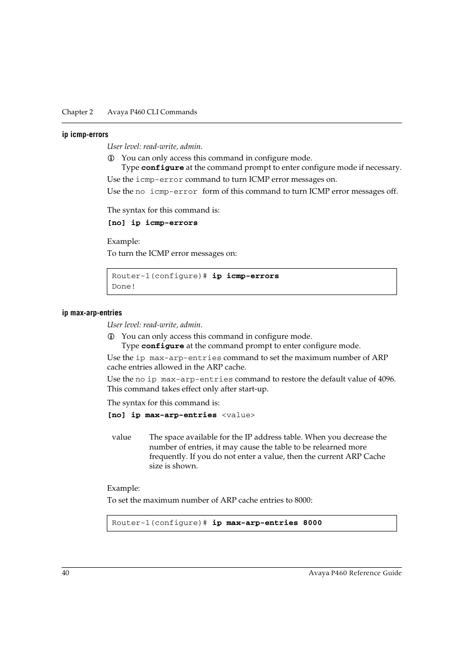 Ip icmp-errors, Ip max-arp-entries, Ip icmp-errors ip max-arp-entries | Avaya P460 User Manual | Page 50 / 224