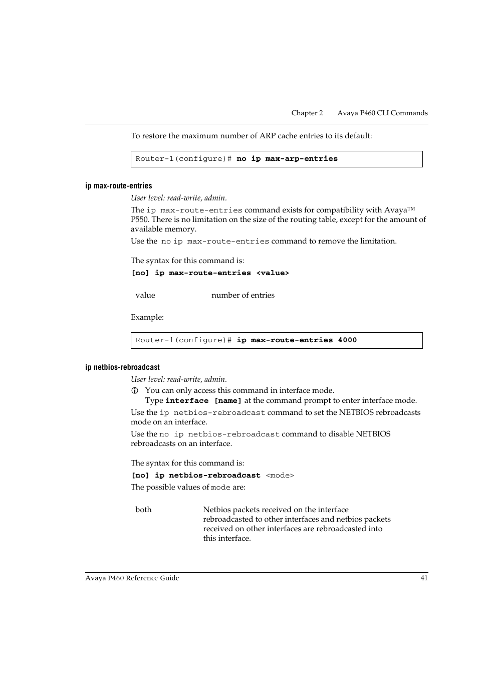 Ip max-route-entries, Ip netbios-rebroadcast, Ip max-route-entries ip netbios-rebroadcast | Avaya P460 User Manual | Page 51 / 224