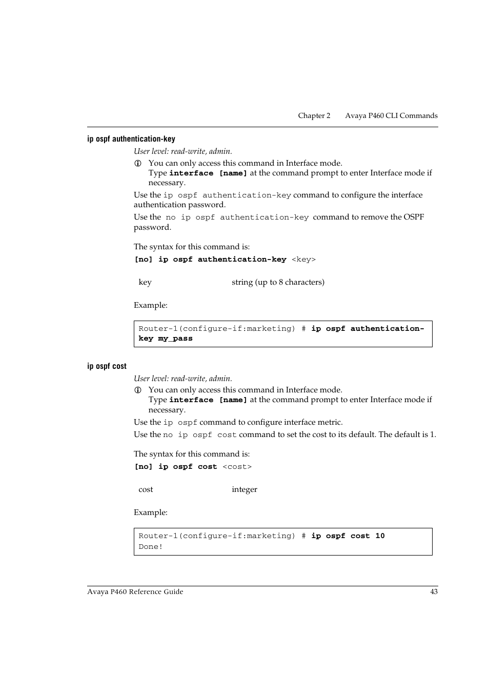 Ip ospf authentication-key, Ip ospf cost, Ip ospf authentication-key ip ospf cost | Avaya P460 User Manual | Page 53 / 224