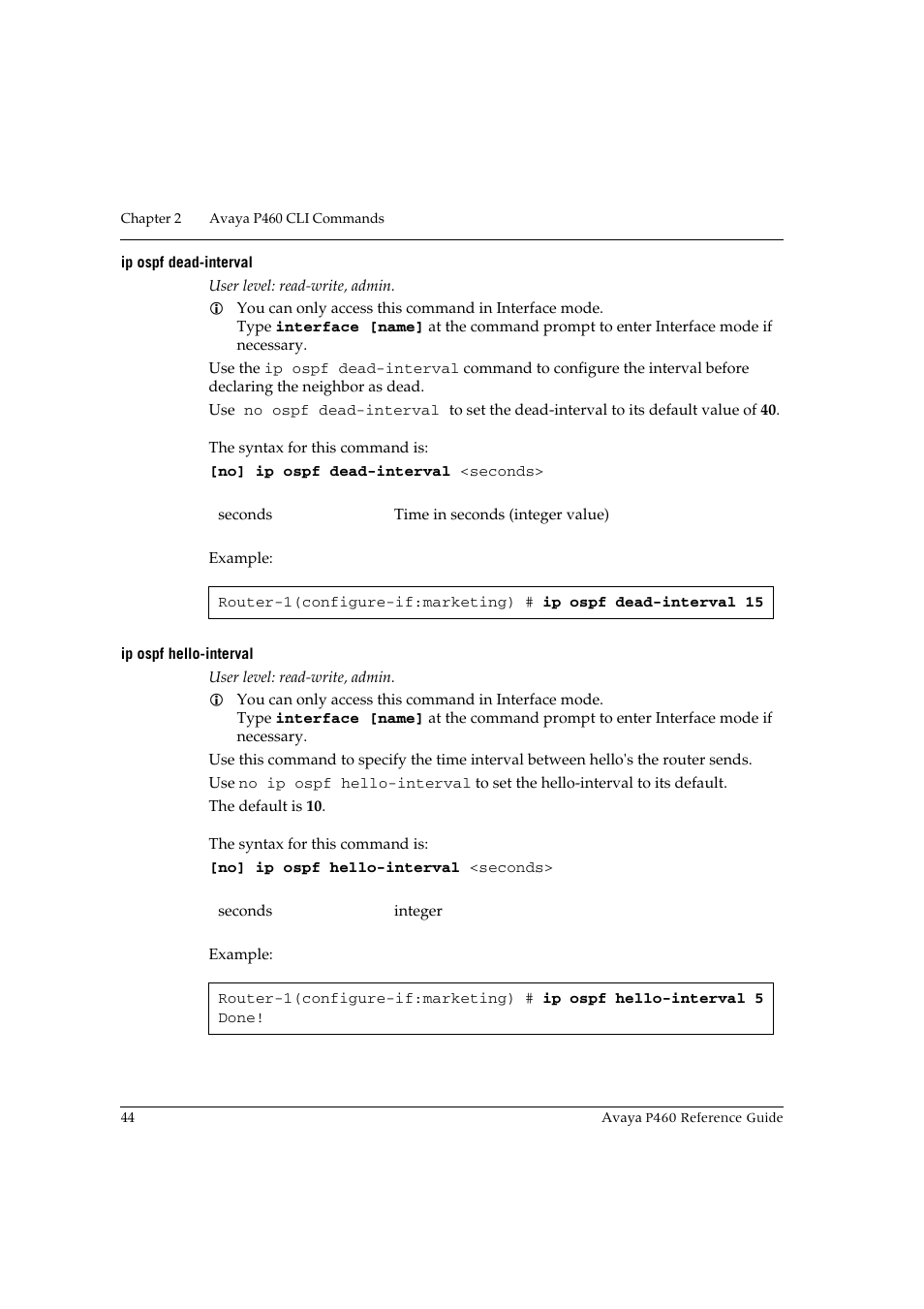 Ip ospf dead-interval, Ip ospf hello-interval, Ip ospf dead-interval ip ospf hello-interval | Avaya P460 User Manual | Page 54 / 224