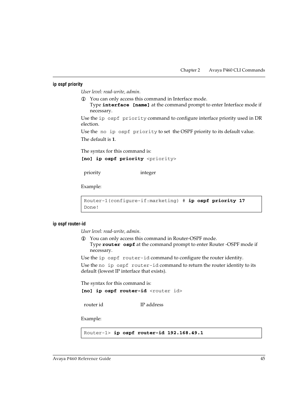 Ip ospf priority, Ip ospf router-id, Ip ospf priority ip ospf router-id | Avaya P460 User Manual | Page 55 / 224