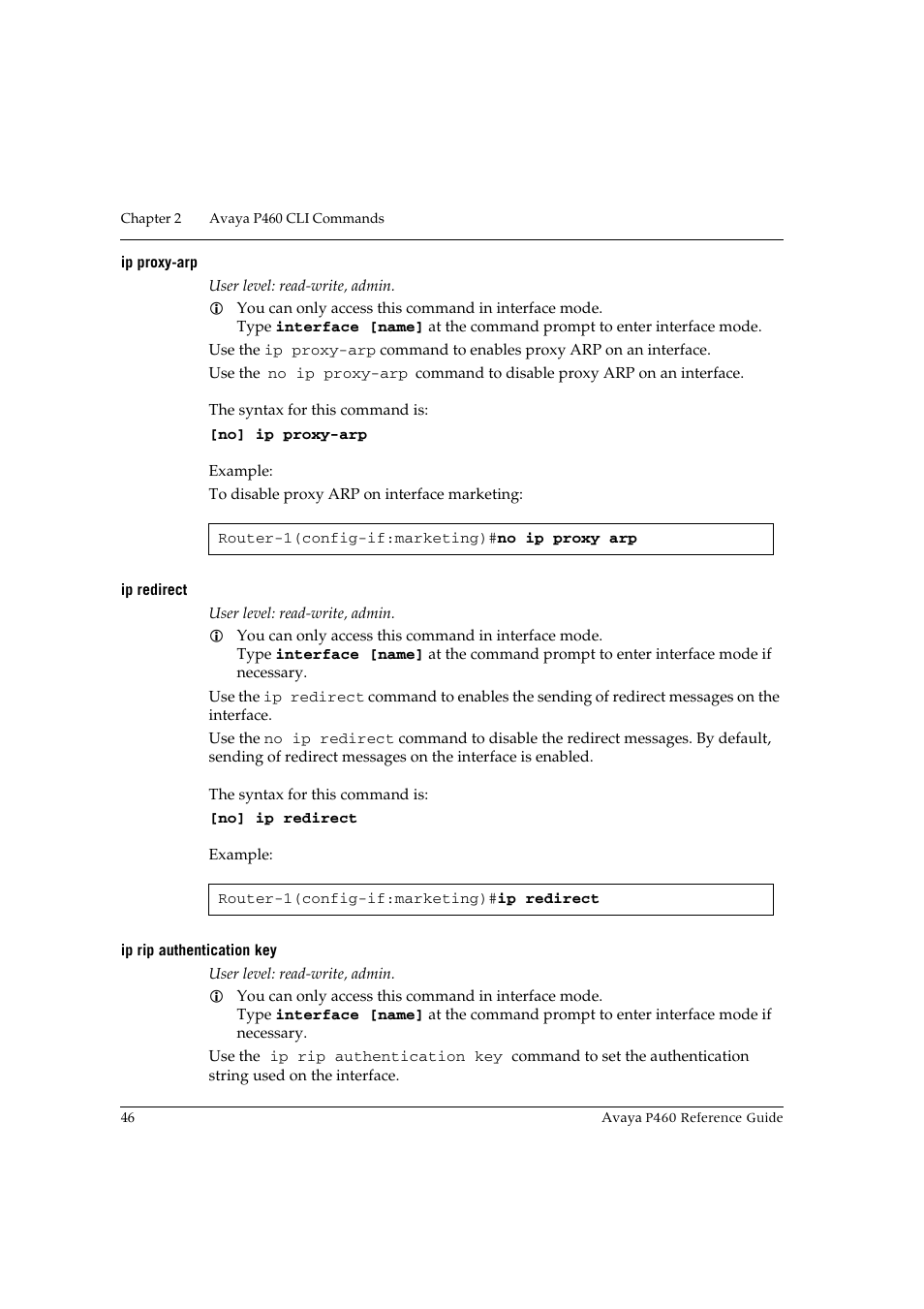 Ip proxy-arp, Ip redirect, Ip rip authentication key | Ip proxy-arp ip redirect ip rip authentication key | Avaya P460 User Manual | Page 56 / 224