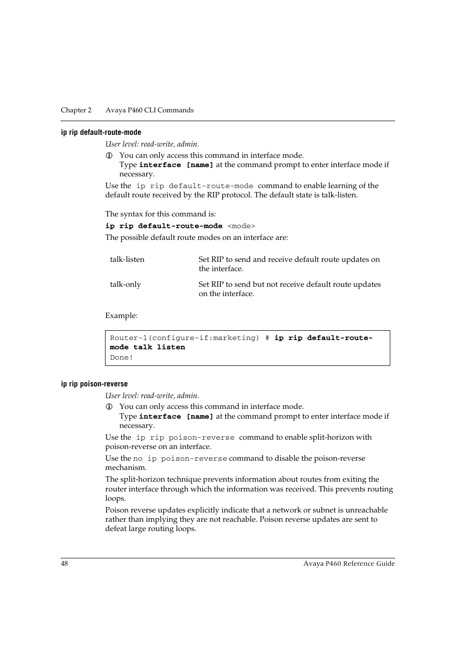 Ip rip default-route-mode, Ip rip poison-reverse, Ip rip default-route-mode ip rip poison-reverse | Avaya P460 User Manual | Page 58 / 224