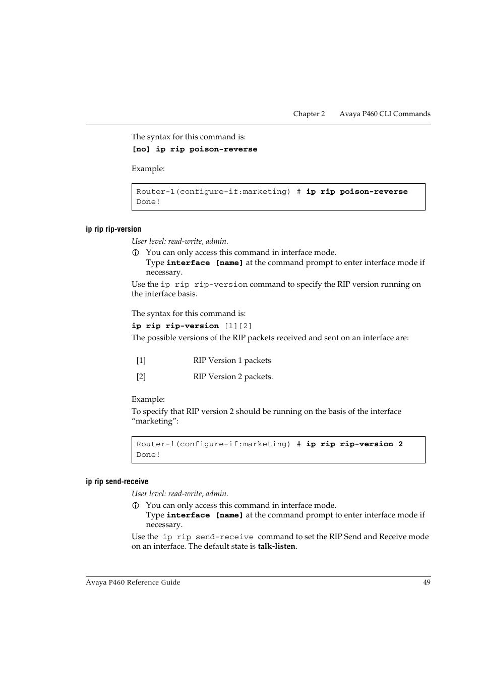 Ip rip rip-version, Ip rip send-receive, Ip rip rip-version ip rip send-receive | Avaya P460 User Manual | Page 59 / 224