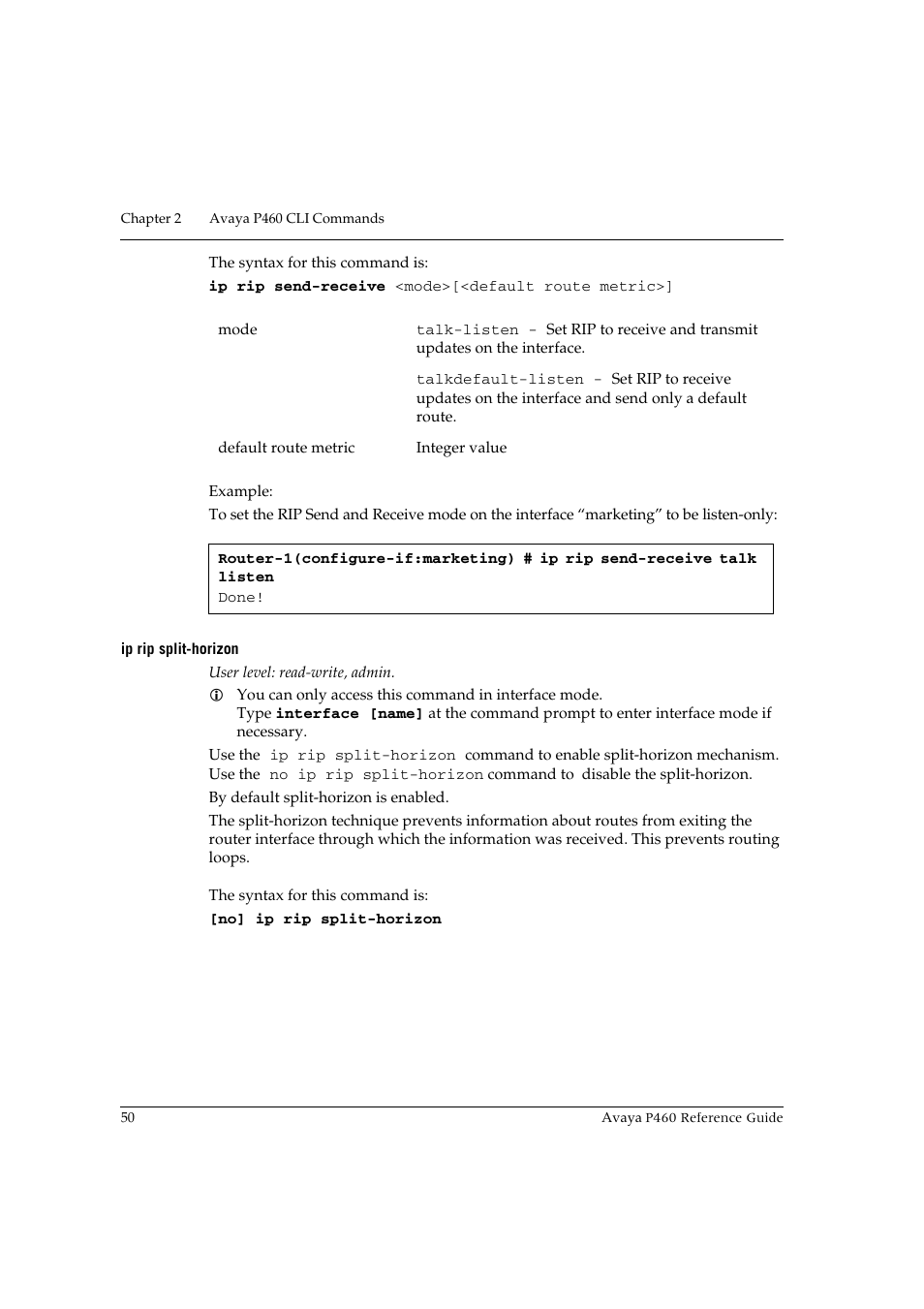 Ip rip split-horizon | Avaya P460 User Manual | Page 60 / 224