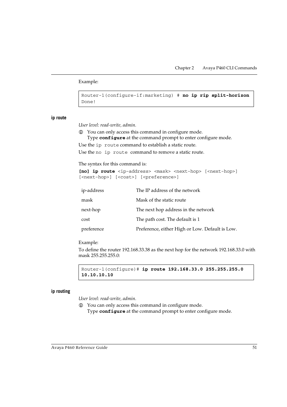 Ip route, Ip routing, Ip route ip routing | Avaya P460 User Manual | Page 61 / 224