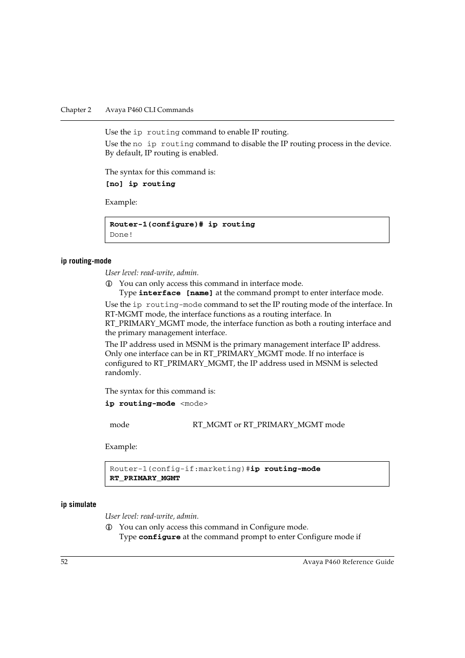 Ip routing-mode, Ip simulate, Ip routing-mode ip simulate | Avaya P460 User Manual | Page 62 / 224