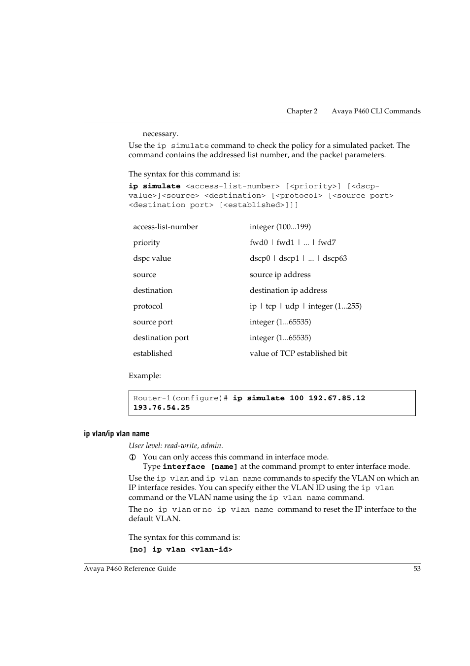 Ip vlan/ip vlan name | Avaya P460 User Manual | Page 63 / 224