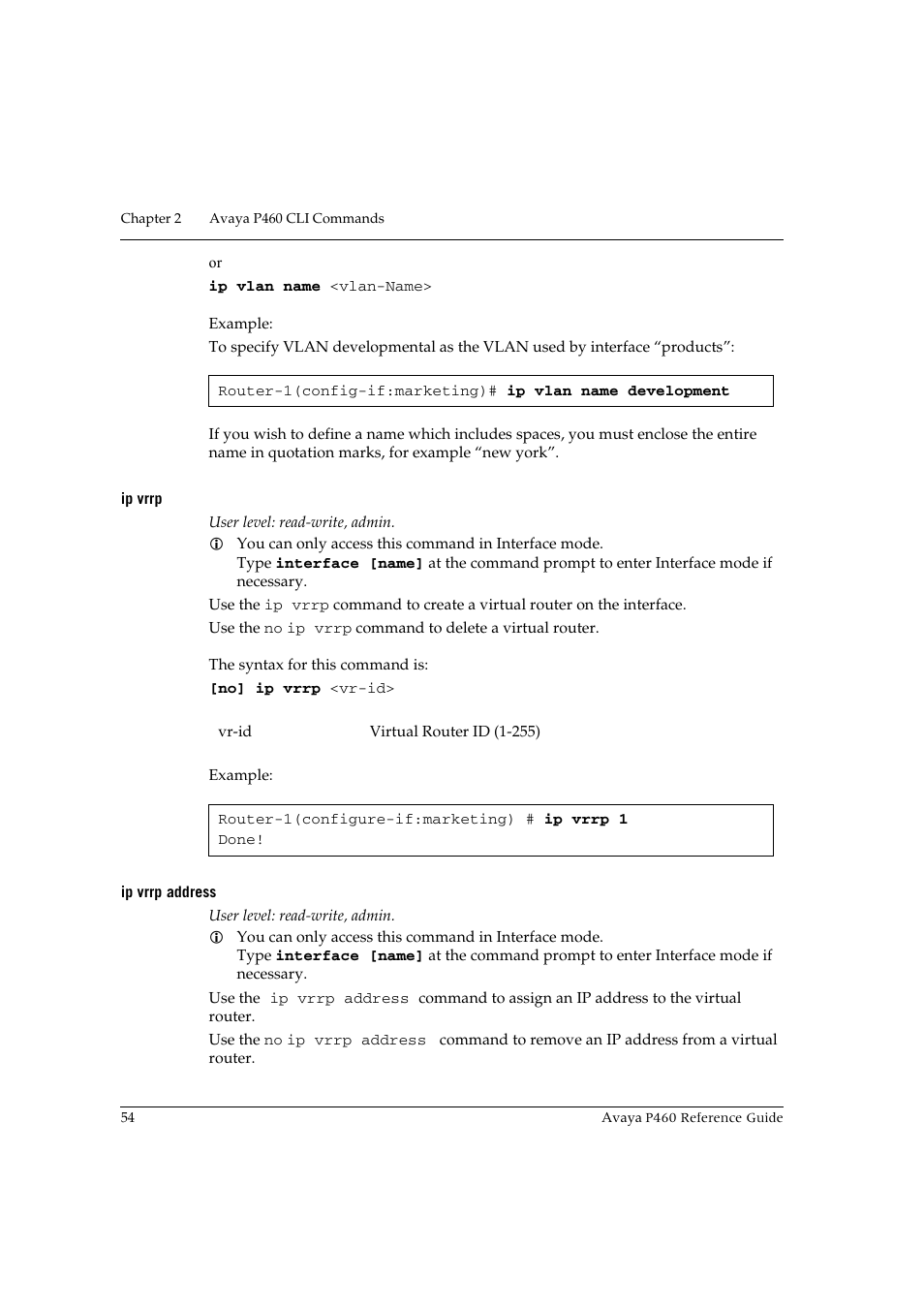 Ip vrrp, Ip vrrp address, Ip vrrp ip vrrp address | Avaya P460 User Manual | Page 64 / 224