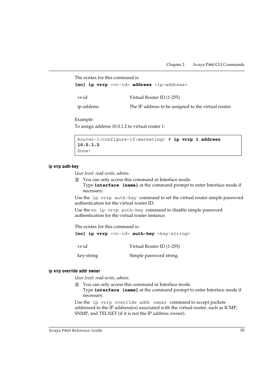 Ip vrrp auth-key, Ip vrrp override addr owner, Ip vrrp auth-key ip vrrp override addr owner | Avaya P460 User Manual | Page 65 / 224