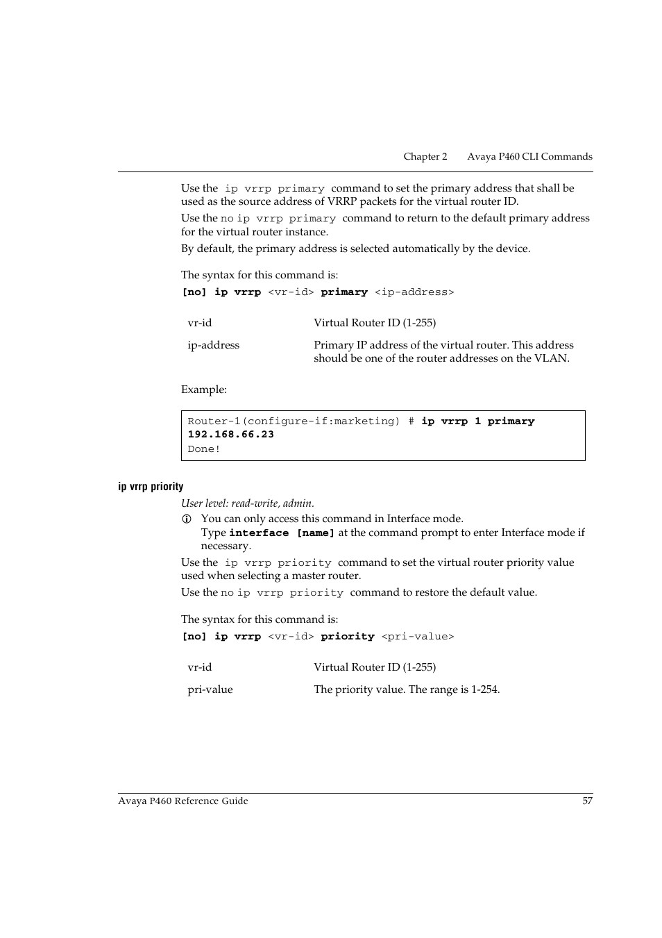Ip vrrp priority | Avaya P460 User Manual | Page 67 / 224