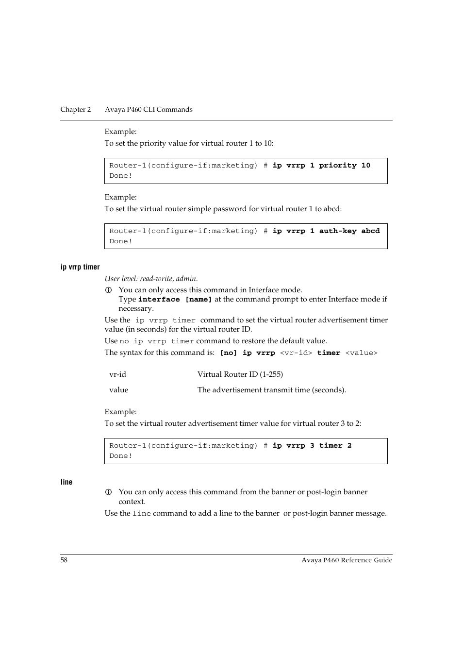 Ip vrrp timer, Line, Ip vrrp timer line | Avaya P460 User Manual | Page 68 / 224