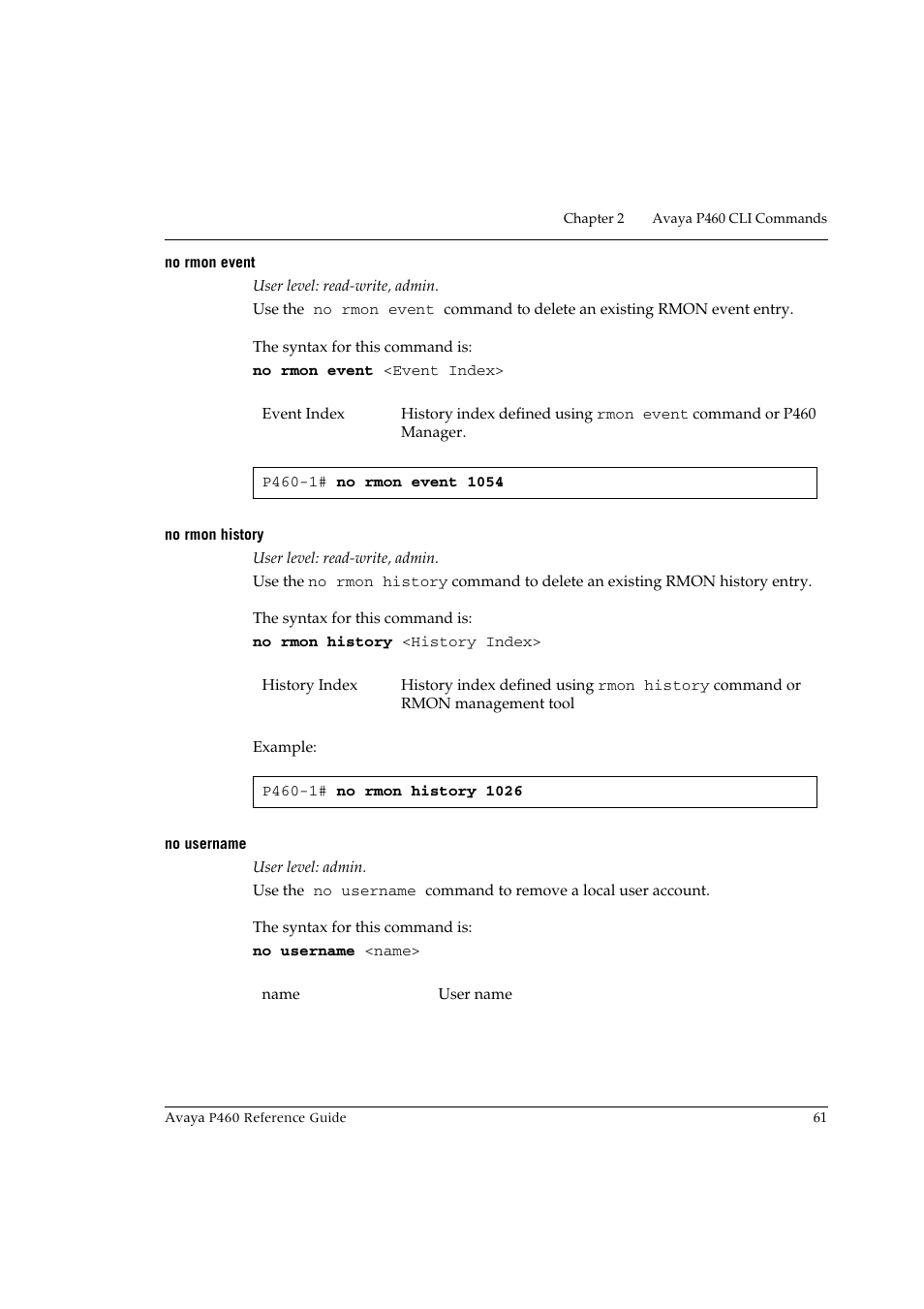 No rmon event, No rmon history, No username | No rmon event no rmon history no username | Avaya P460 User Manual | Page 71 / 224