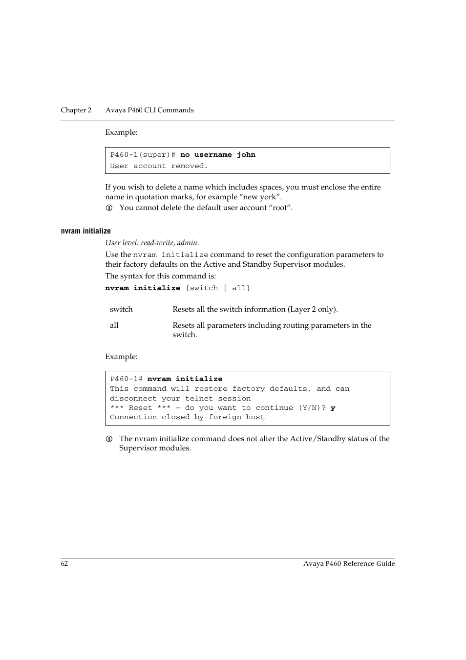 Nvram initialize | Avaya P460 User Manual | Page 72 / 224