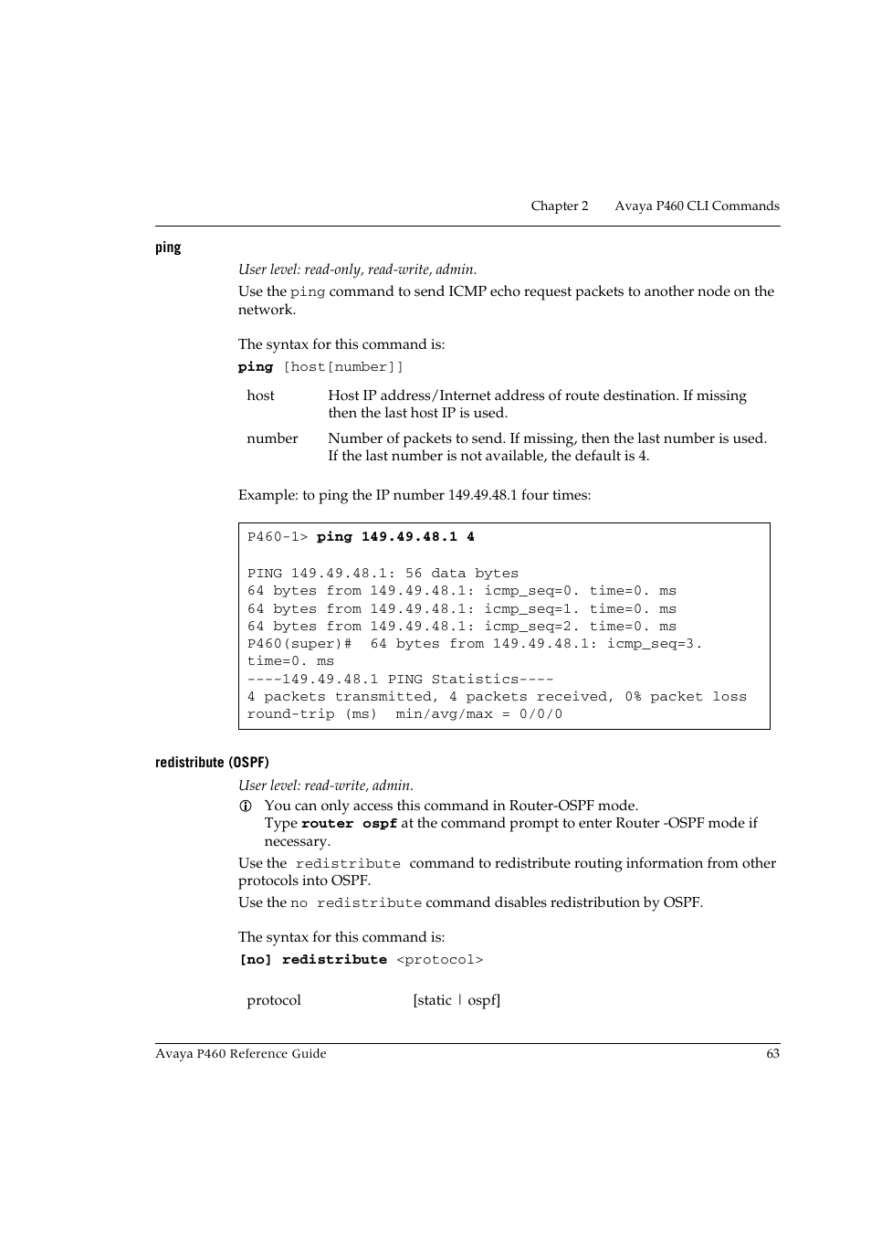 Ping, Redistribute (ospf), Ping redistribute (ospf) | Avaya P460 User Manual | Page 73 / 224