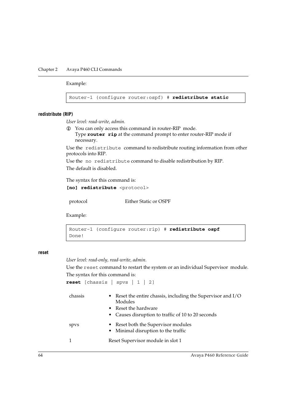 Redistribute (rip), Reset, Redistribute (rip) reset | Avaya P460 User Manual | Page 74 / 224