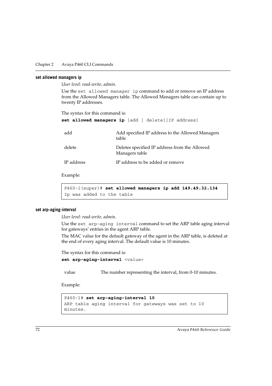 Set allowed managers ip, Set arp-aging-interval, Set allowed managers ip set arp-aging-interval | Avaya P460 User Manual | Page 82 / 224