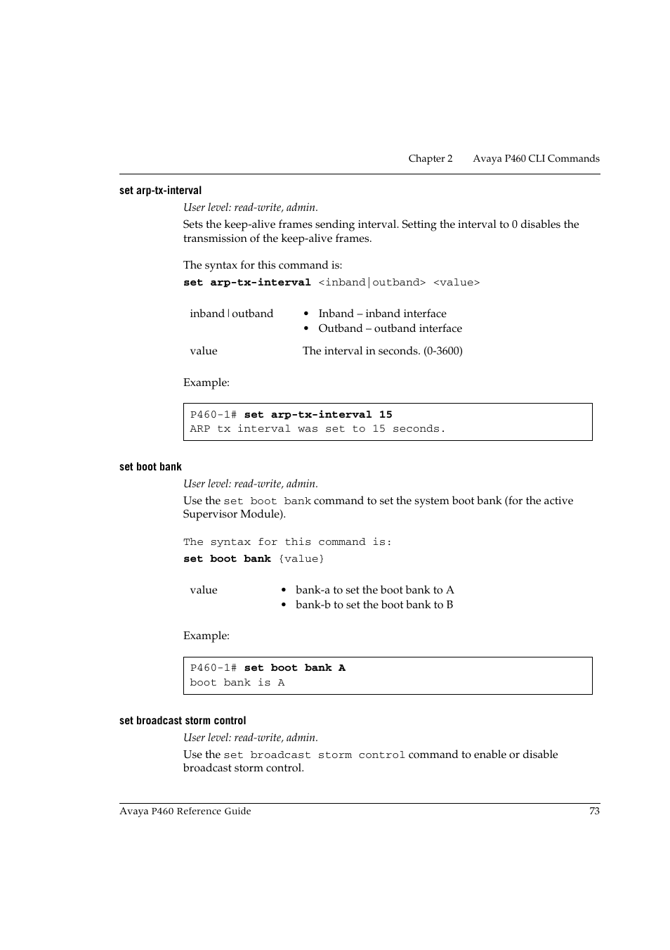 Set arp-tx-interval, Set boot bank, Set broadcast storm control | Avaya P460 User Manual | Page 83 / 224