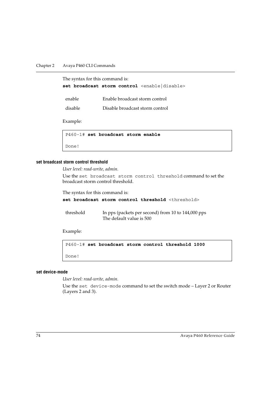 Set broadcast storm control threshold, Set device-mode | Avaya P460 User Manual | Page 84 / 224