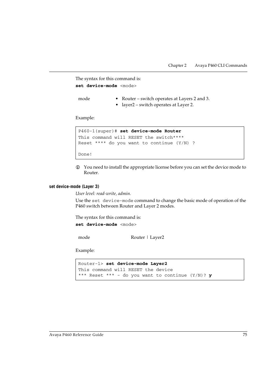 Set device-mode (layer 3) | Avaya P460 User Manual | Page 85 / 224