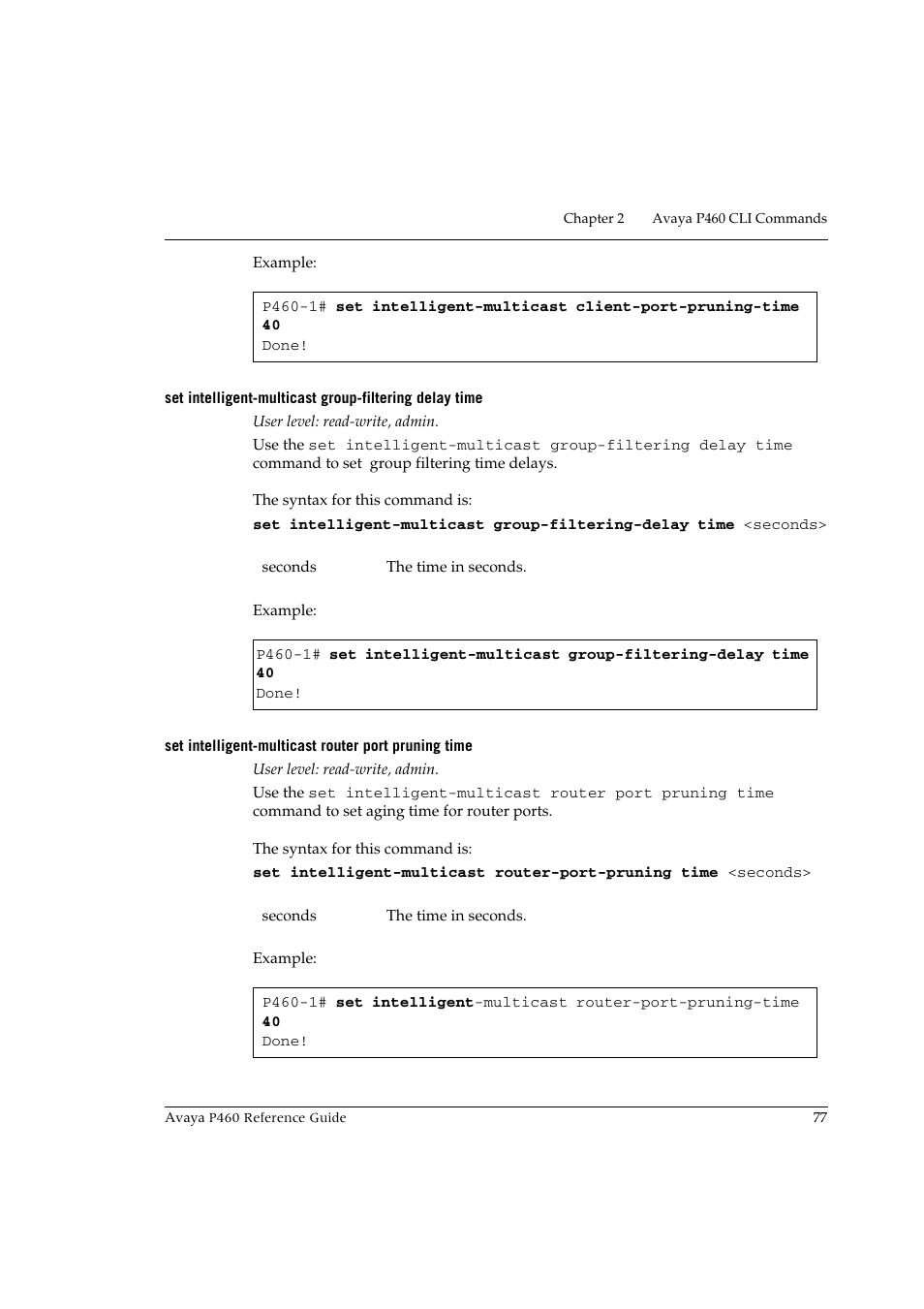 Set intelligent-multicast router port pruning time | Avaya P460 User Manual | Page 87 / 224