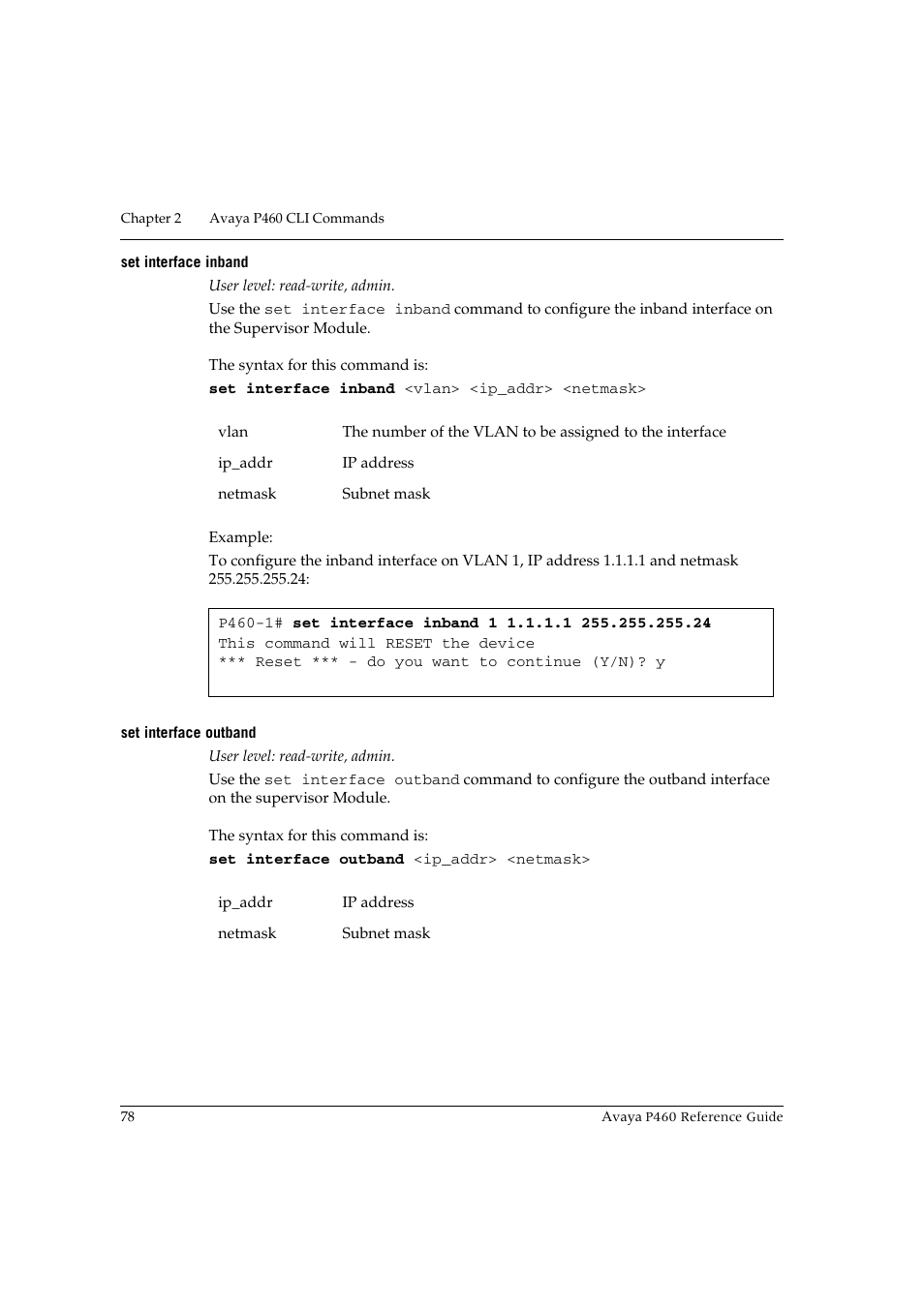 Set interface inband, Set interface outband, Set interface inband set interface outband | Avaya P460 User Manual | Page 88 / 224