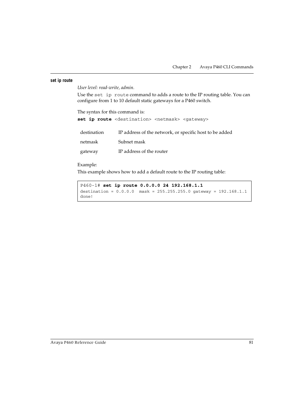 Set ip route | Avaya P460 User Manual | Page 91 / 224