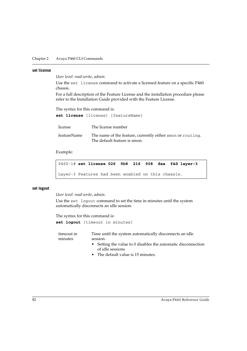 Set license, Set logout, Set license set logout | Avaya P460 User Manual | Page 92 / 224