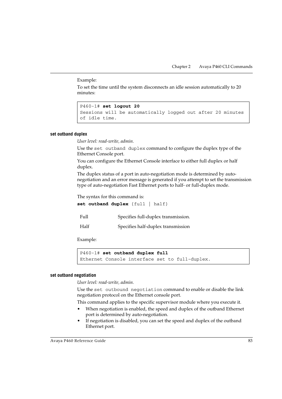 Set outband duplex, Set outband negotiation, Set outband duplex set outband negotiation | Avaya P460 User Manual | Page 93 / 224