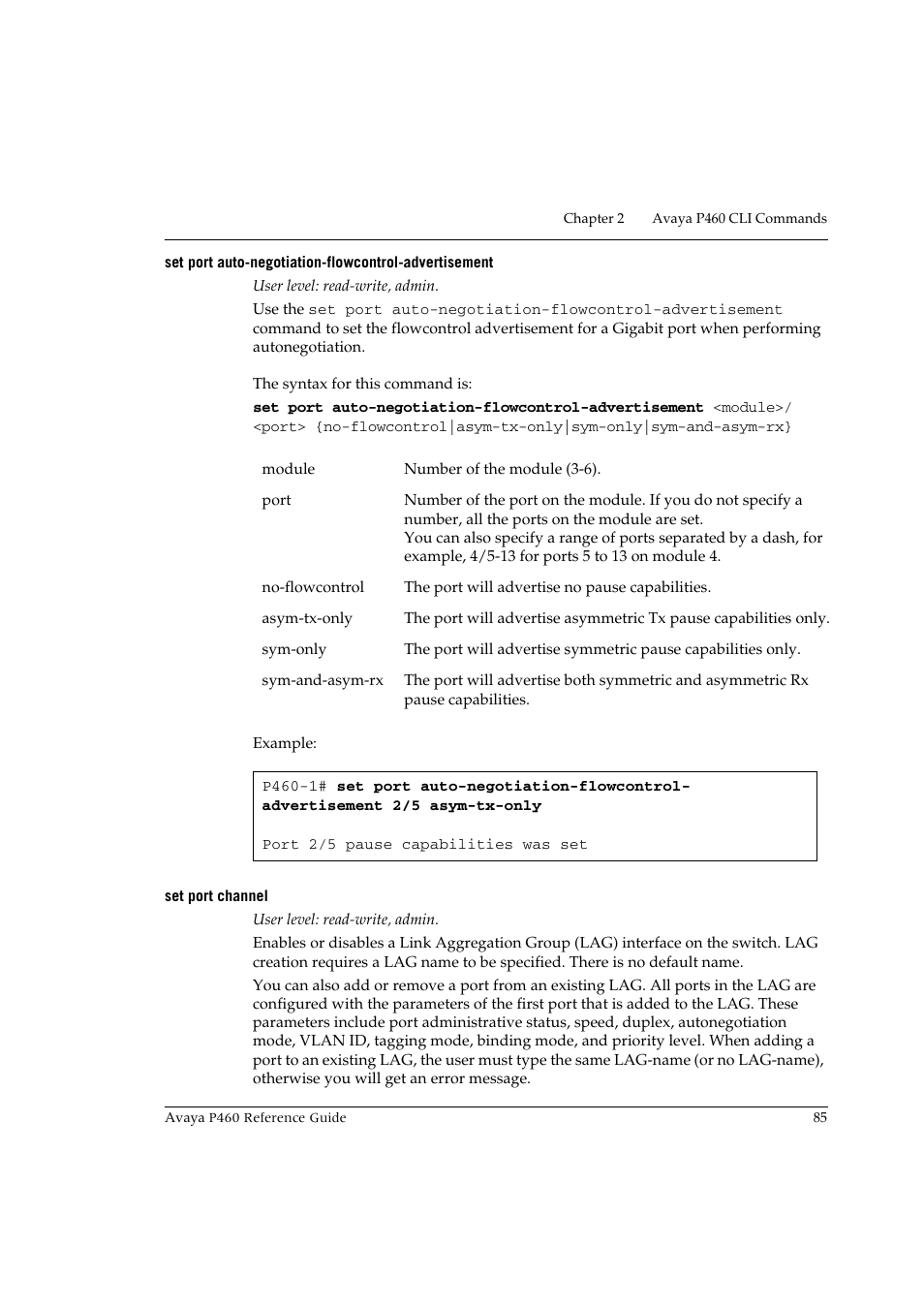 Set port channel | Avaya P460 User Manual | Page 95 / 224