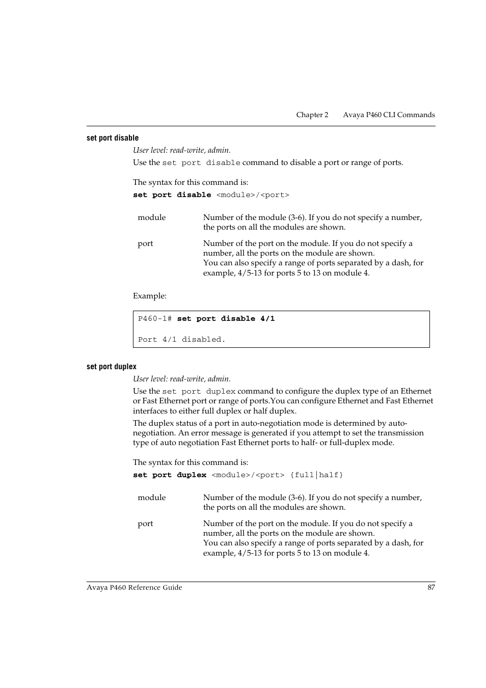 Set port disable, Set port duplex, Set port disable set port duplex | Avaya P460 User Manual | Page 97 / 224