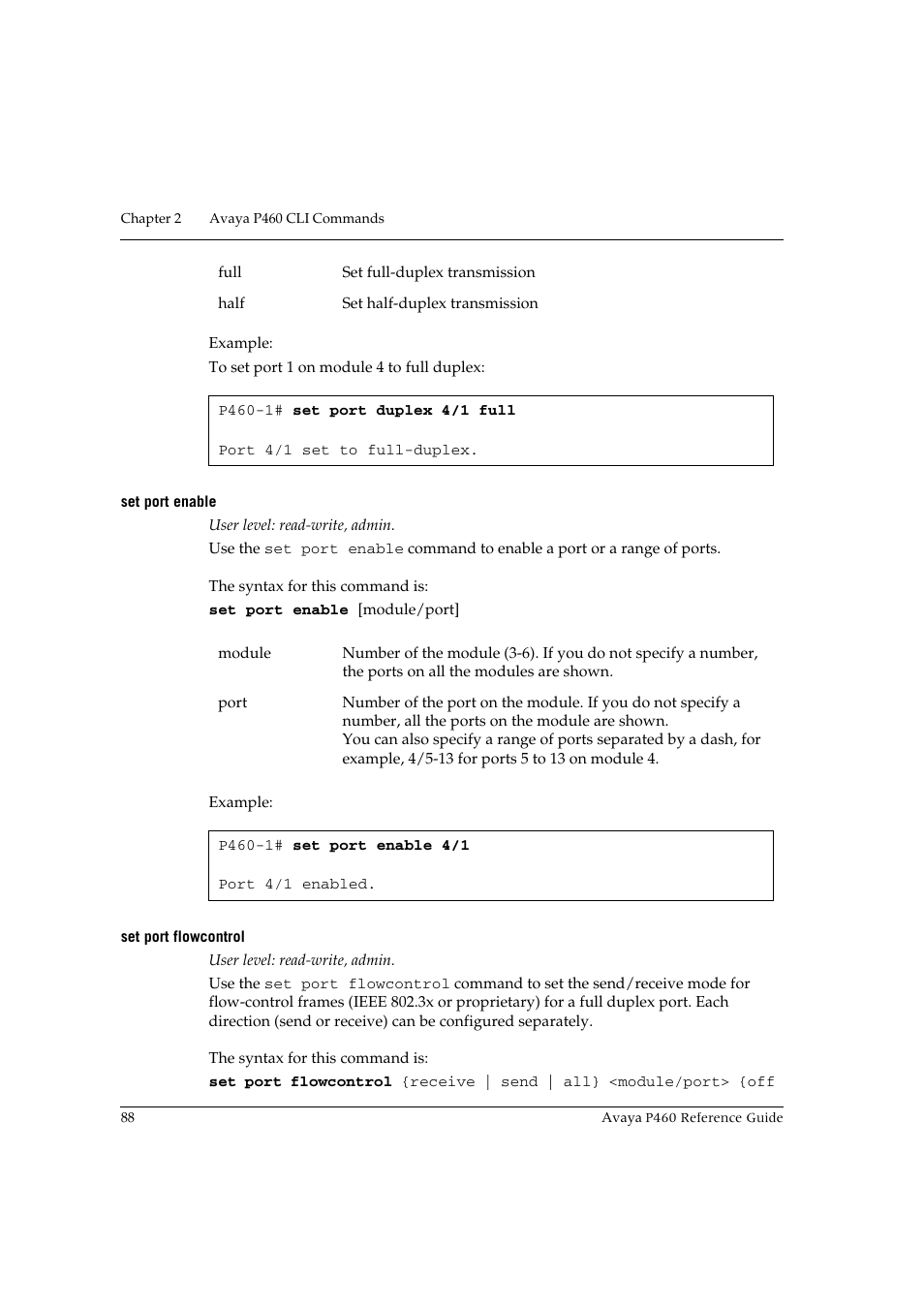 Set port enable, Set port flowcontrol, Set port enable set port flowcontrol | Avaya P460 User Manual | Page 98 / 224